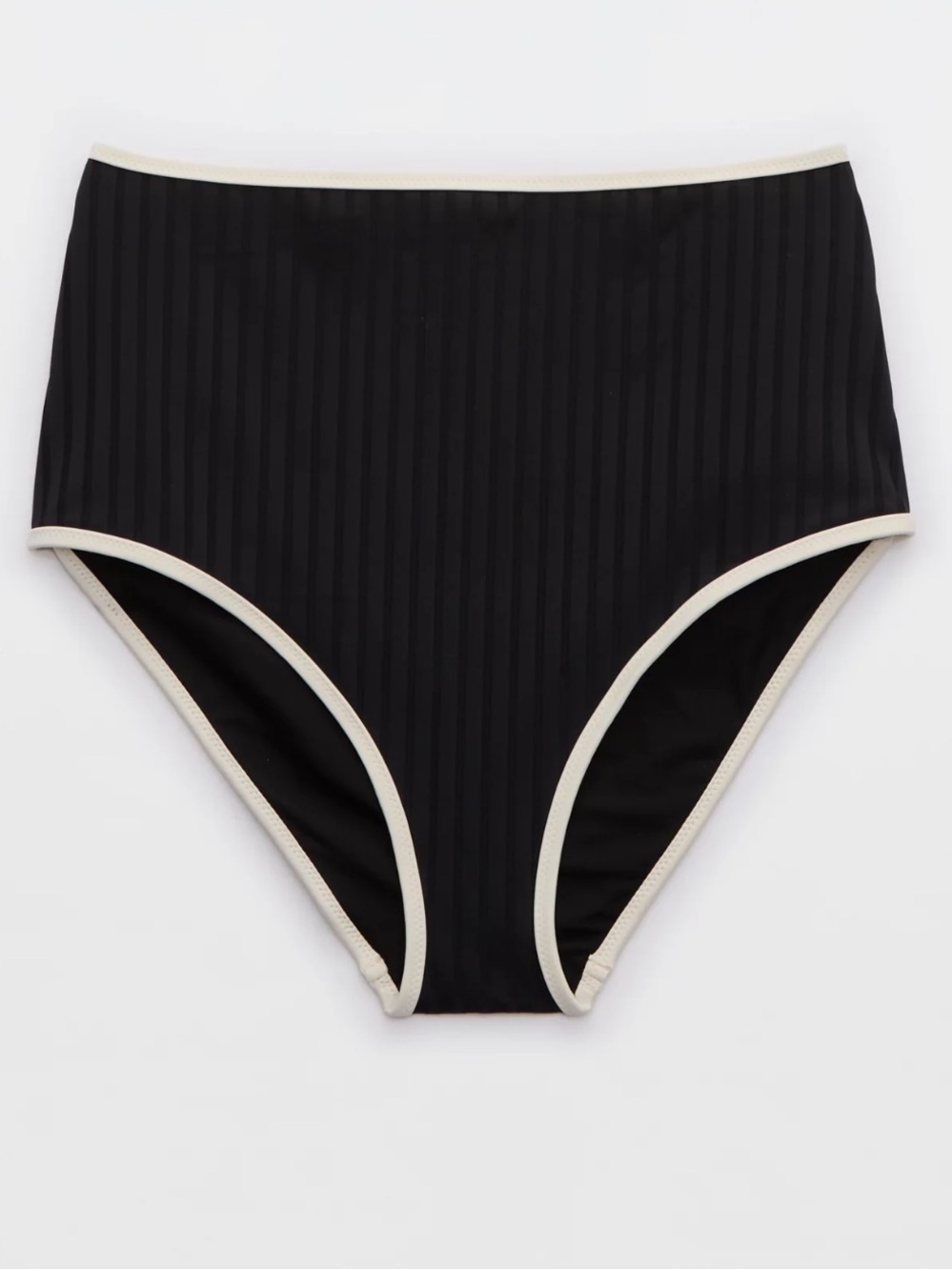 aerie Black Ribbed High-Waist Bikini Bottom with White Trim